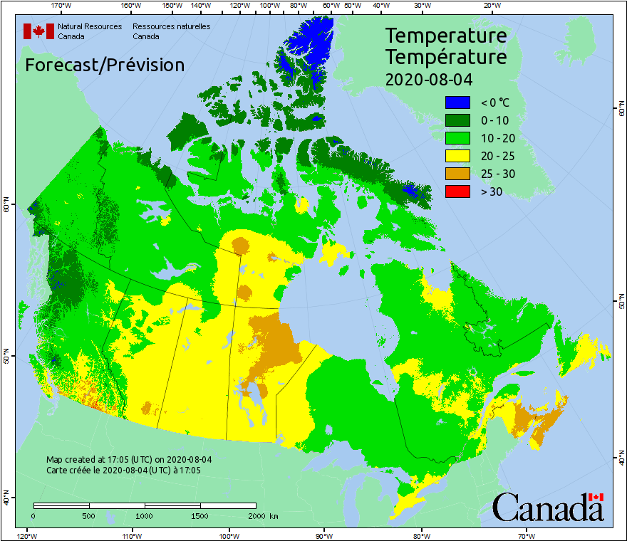 Current Canada Fire Weather Temperatures Map